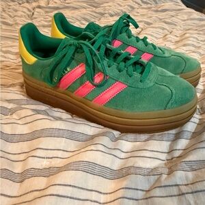 Adidas Suede Sneakers with Green and Pink Accents
